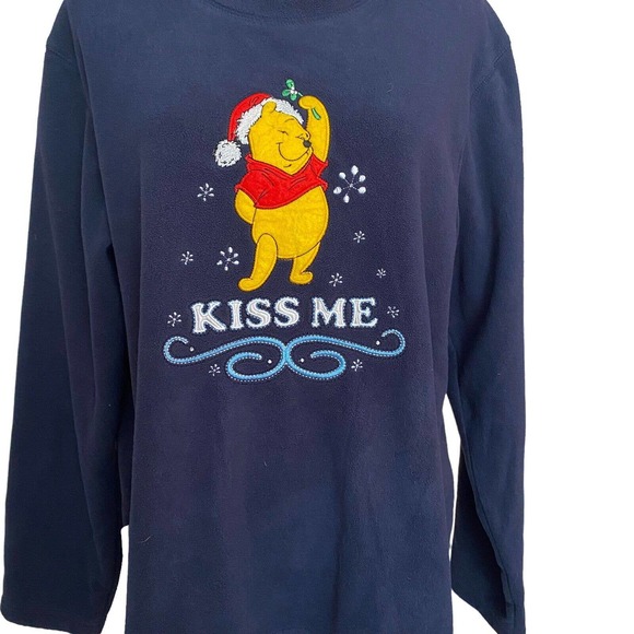 Winnie The Pooh Size LARGE Navy Christmas Mistle toe Fleece Pullover - Picture 2 of 6